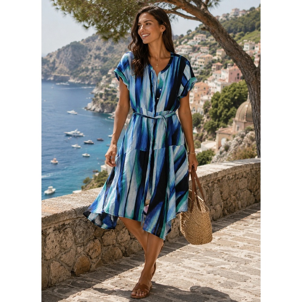 DKNY Pure‎ Womens Dress Midi Button Coastal Belted Blue Tie Dye Size 12 Linen SS